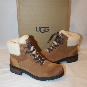 NIB UGG WOMEN'S HARRISON COZY LACE UP LEATHER SUEDE SHEARLING CUFF ANKLE BOOTS